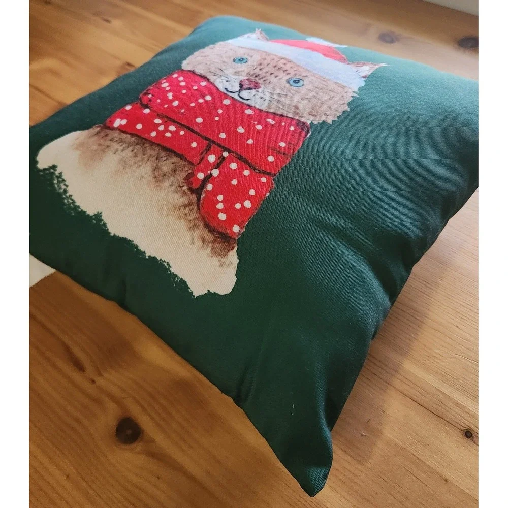 Christmas‎ Cat Accent Throw Pillow Green Red Scarf Holiday Decor
